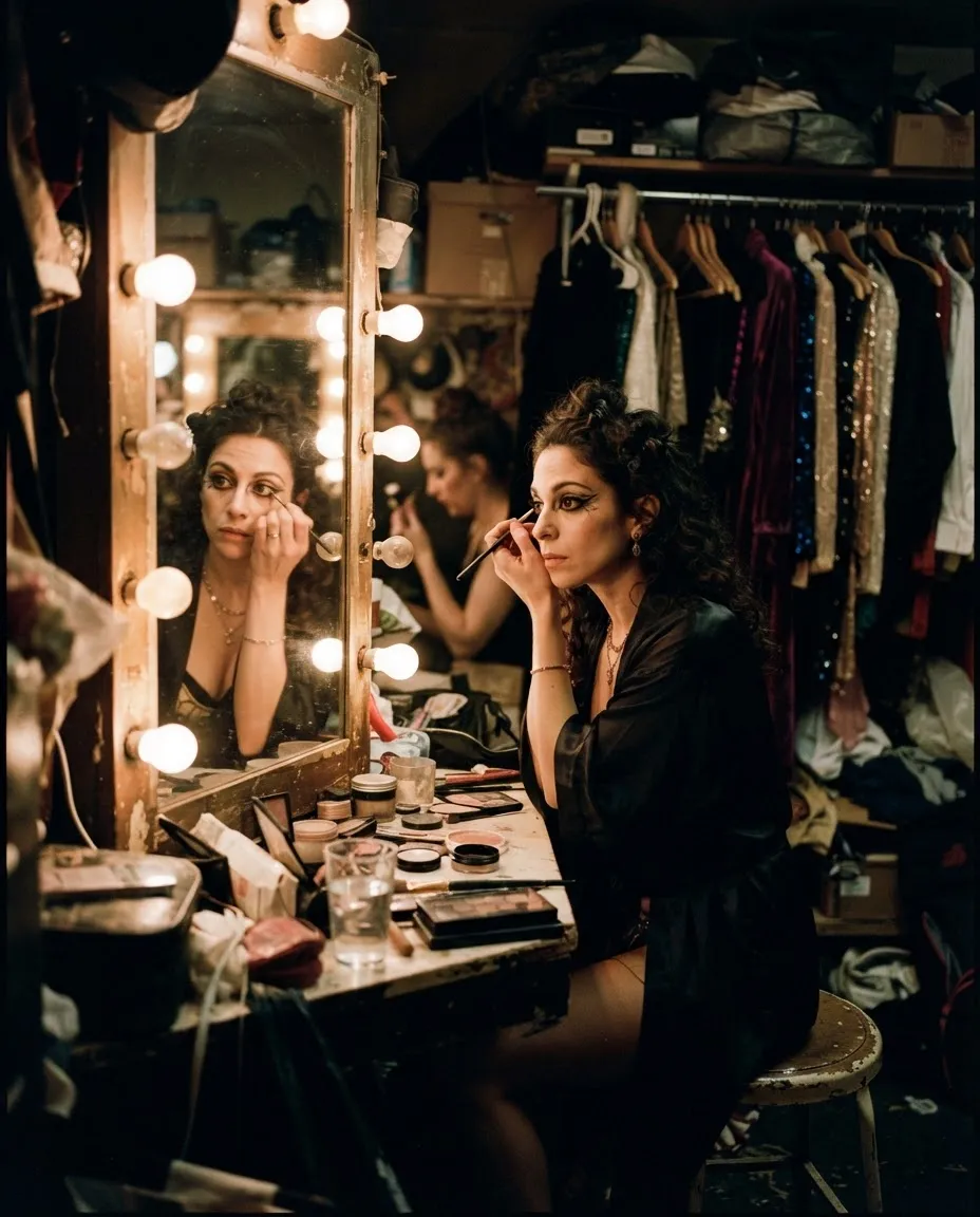 A performer applying stage makeup in a dressing-room mirror ringed with bare bulbs, a costume rack behind.