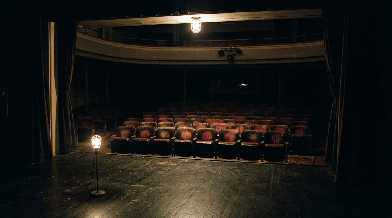 The Foundry Stage auditorium seen from the stage: rows of worn seats, a ghost light in the foreground.
