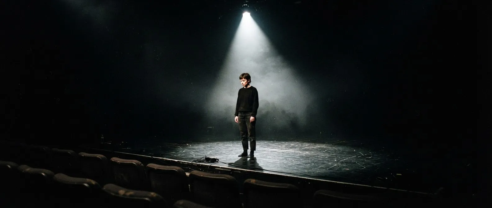 A lone performer stands in a single hard spotlight on a bare black-box stage, haze catching the beam, empty seats in the foreground.