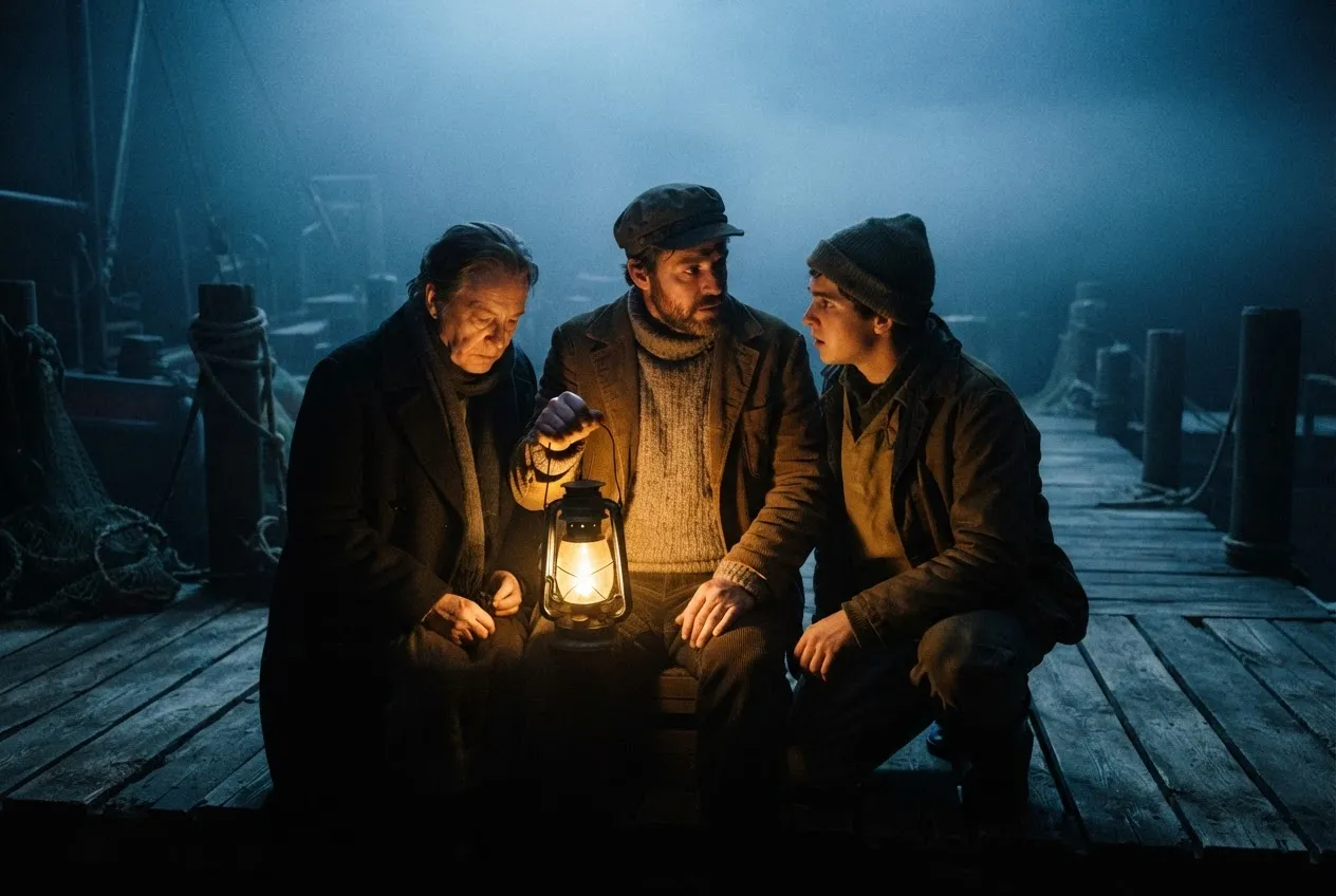 Three actors in 1970s fishing clothes gathered around a storm lantern on a pier-like set, faces lit yellow through fog.