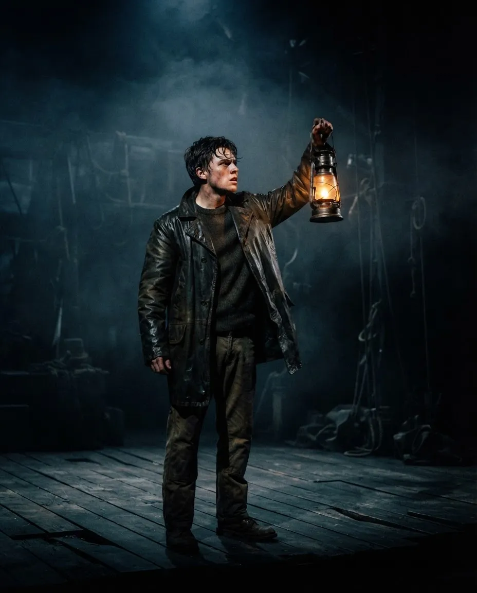 A young man in an oilskin coat holds a lantern up into darkness, harsh sidelight and haze.