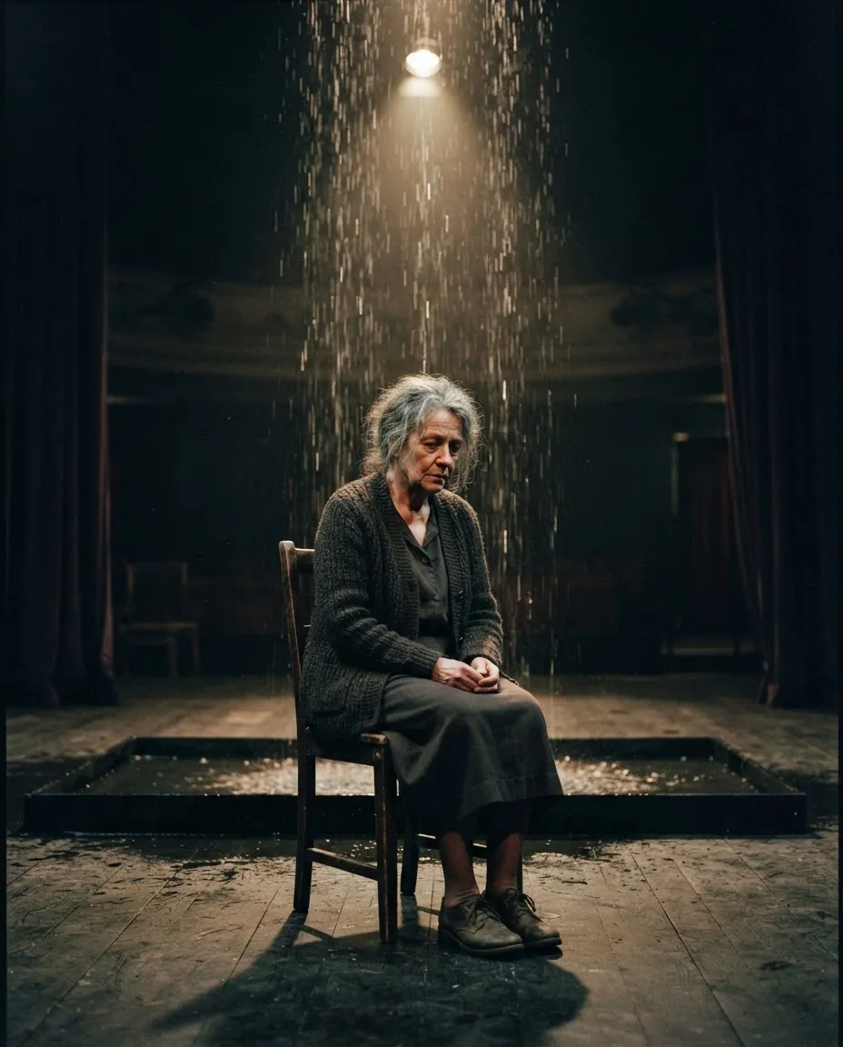 An older woman in a cardigan sits alone center stage before a narrow curtain of falling rain.