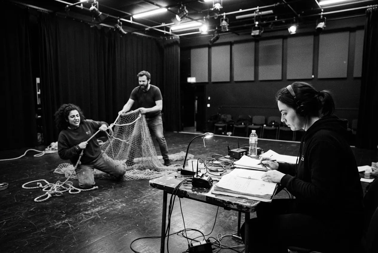 Actors in rehearsal clothes working with a rope and fishing net while the stage manager follows the prompt book.