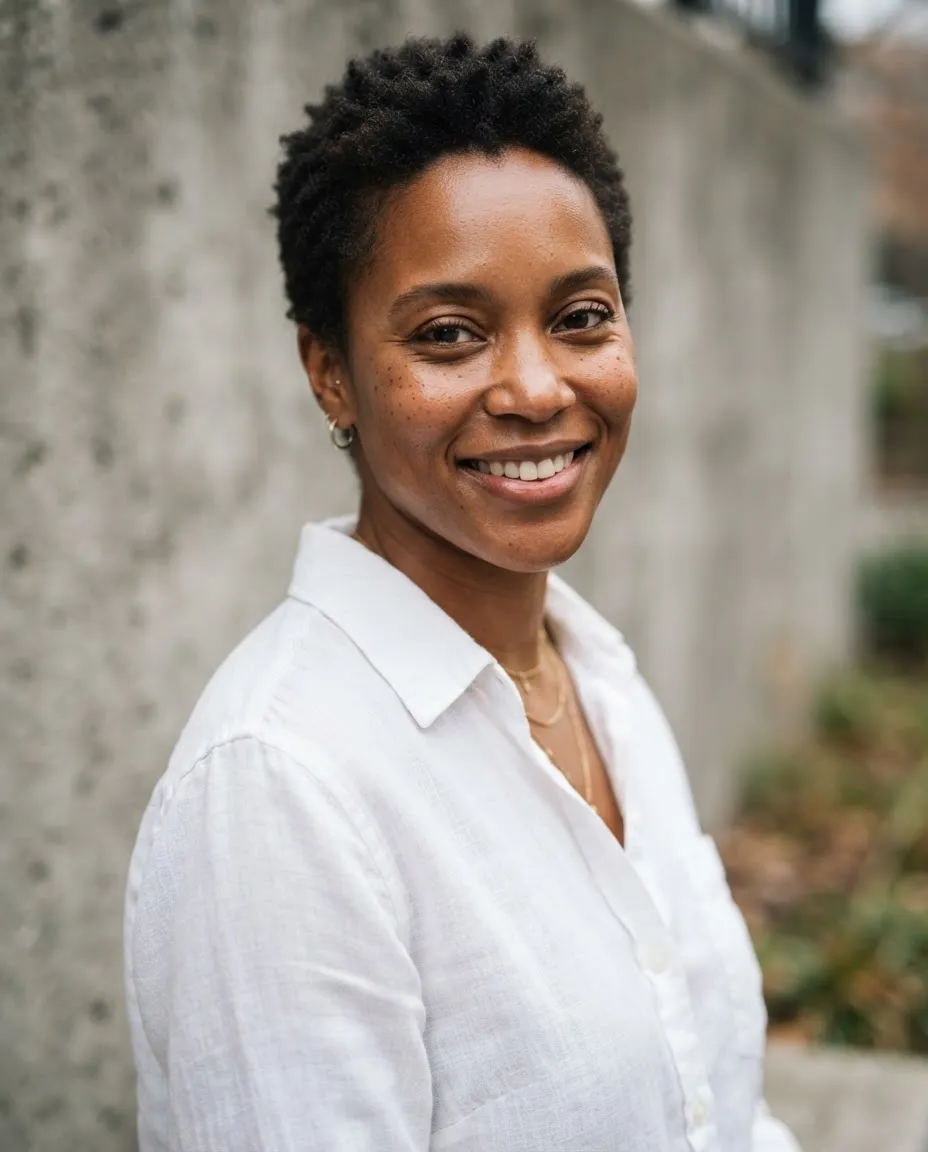 Commercial headshot: Adaeze smiling in a white shirt against a blurred concrete wall.