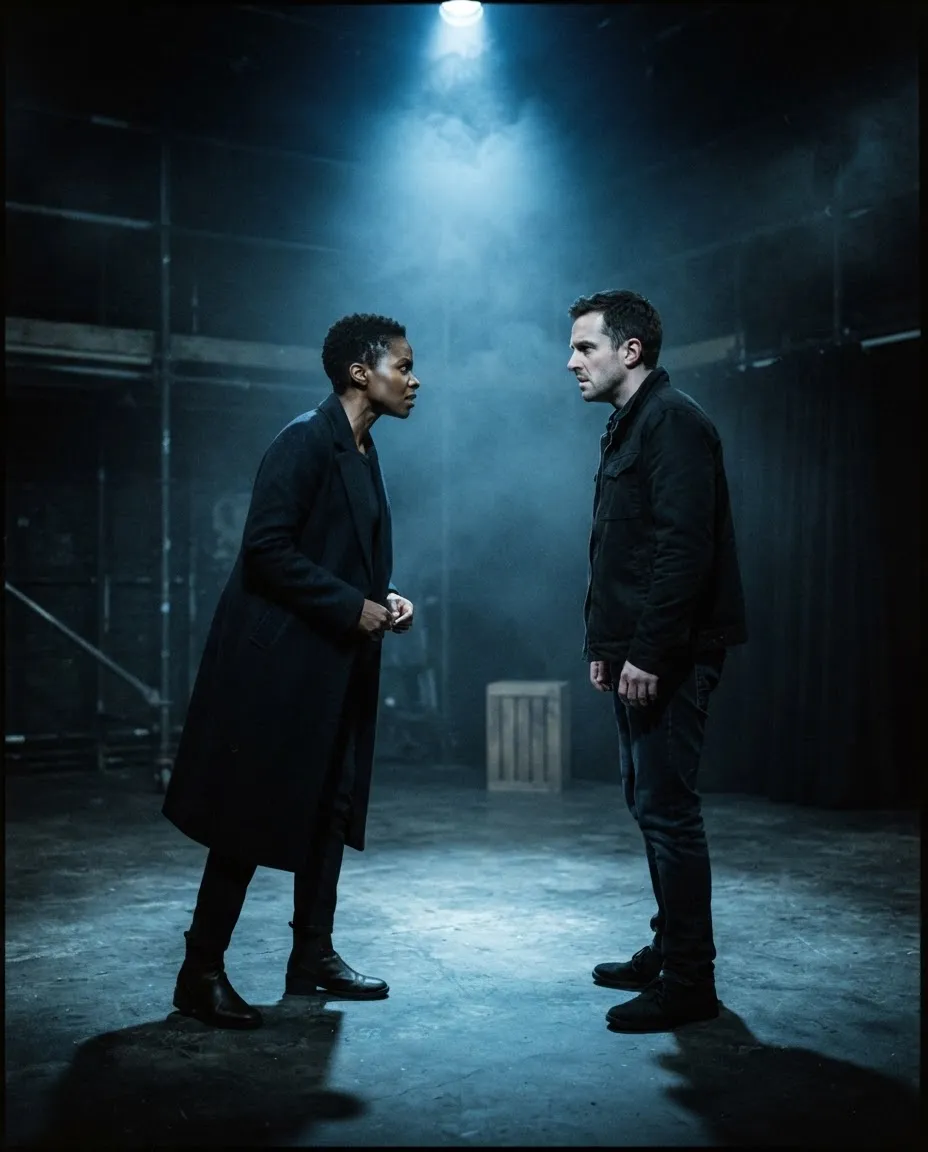 In a long coat facing another actor across a narrow pool of blue light.