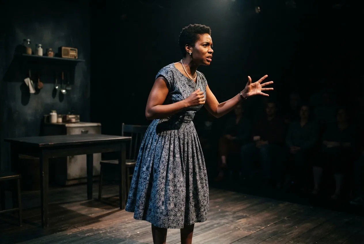 Adaeze Morrow mid-monologue on stage in a 1950s dress, lit by a single sidelight.