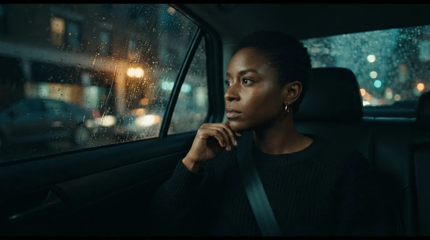 Film still: Adaeze Morrow in a car at night, face lit by passing street lights.