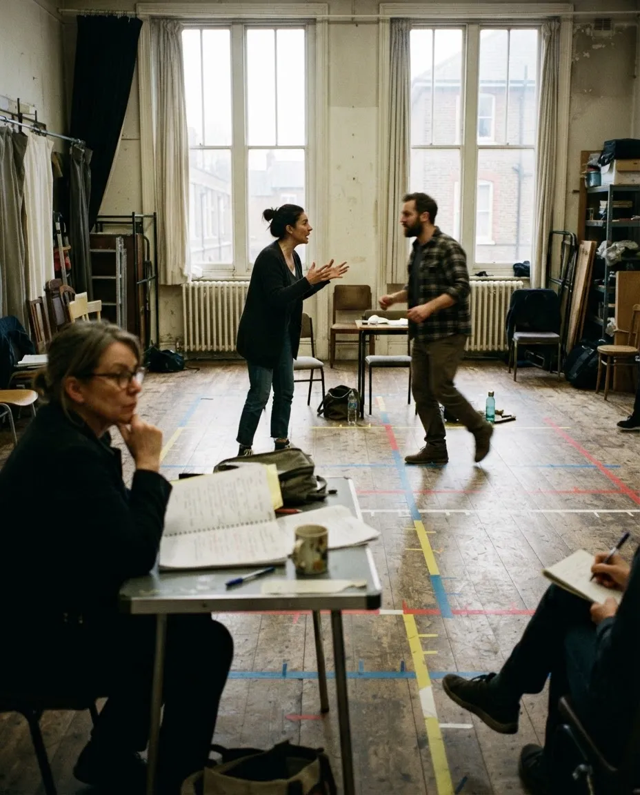 Actors running a scene in a rehearsal room with spike tape on the floor while a director takes notes at a folding table.